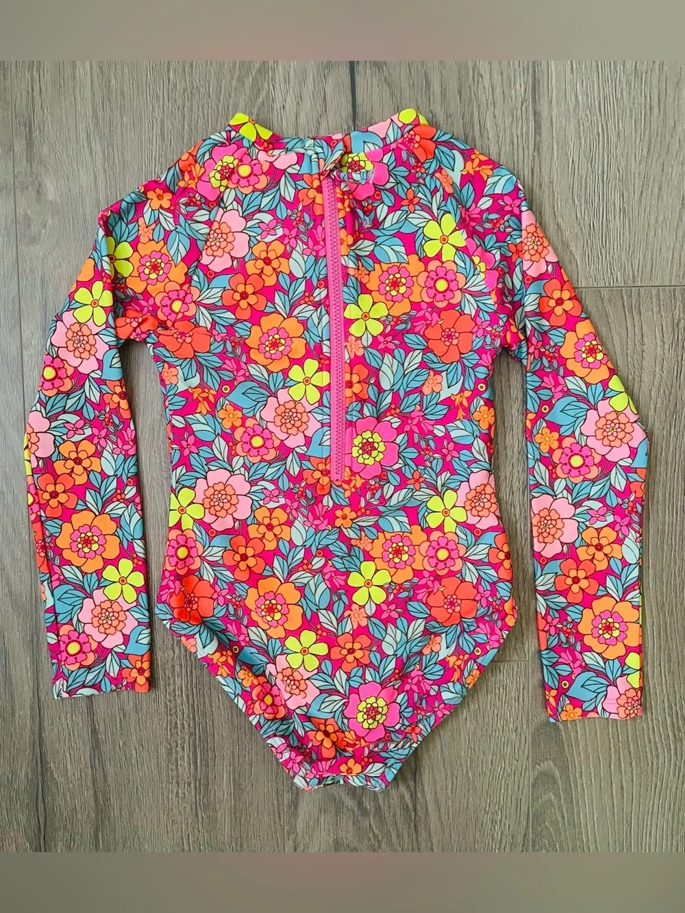 Cat & Jack Toddler Girl One Piece Swimsuit 4/5 Colorful Floral Long Sleeves Pool